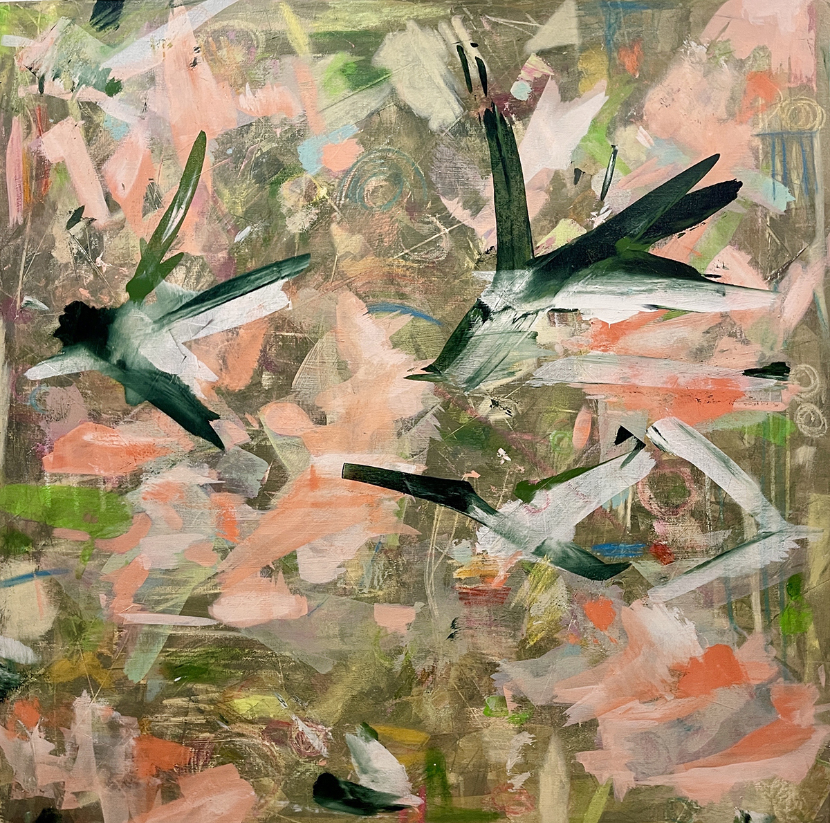 "Flight"<br/>
48” x 48”<br/>
Acrylic, oil, crayon on canvas<br/>
2023<br/>

Monat Gallery, Madrid Spain